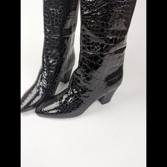 NEW SAINT LAURENT PARIS Sz EU 37 US 7 KIM Black Calfskin Croc Embossed OTK Boots - Picture 6 of 13